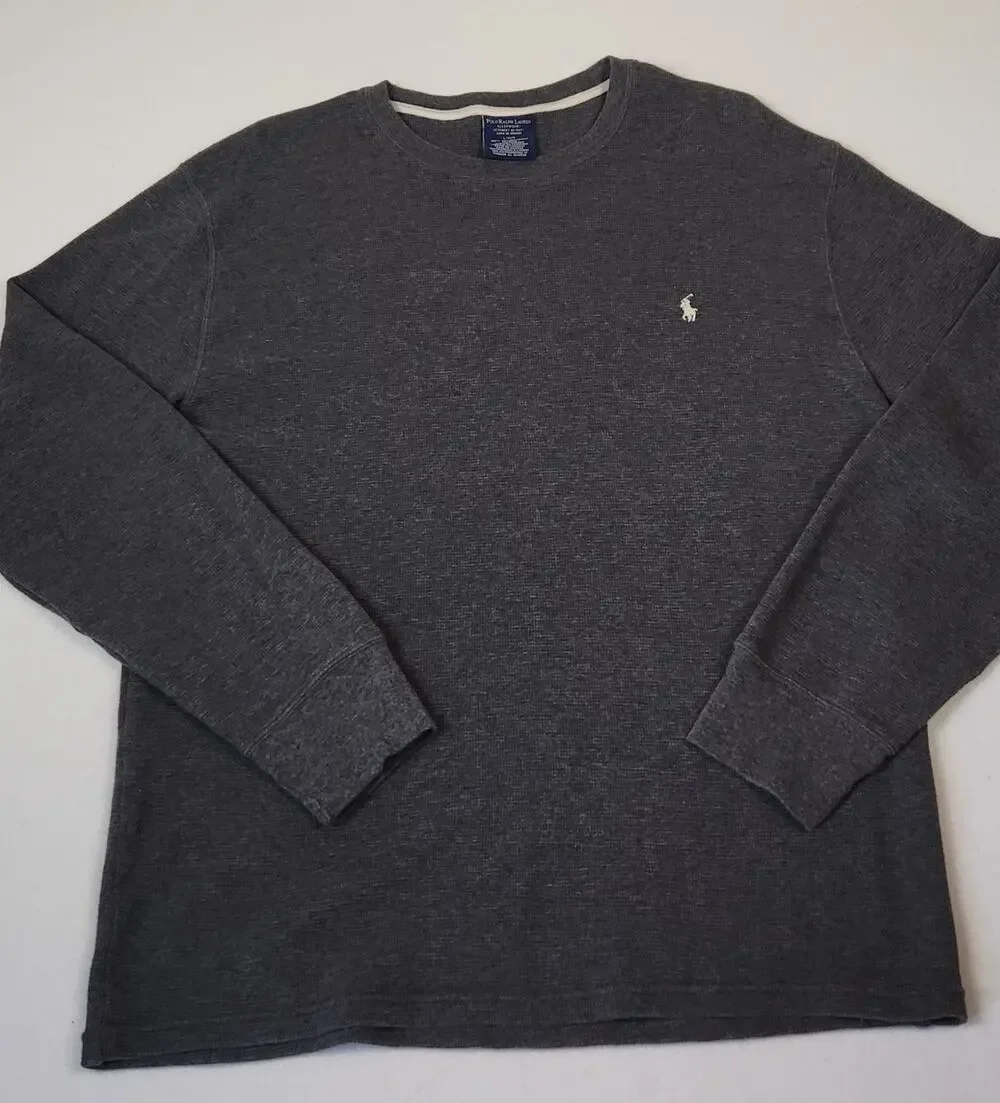 Men’s Henley By Ralph Lauren Size L Thermal Long Sleeve Shirt In Grey With Logo